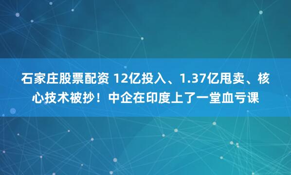 石家庄股票配资 12亿投入、1.37亿甩卖、核心技术被抄!中企在印度上了一堂血亏课